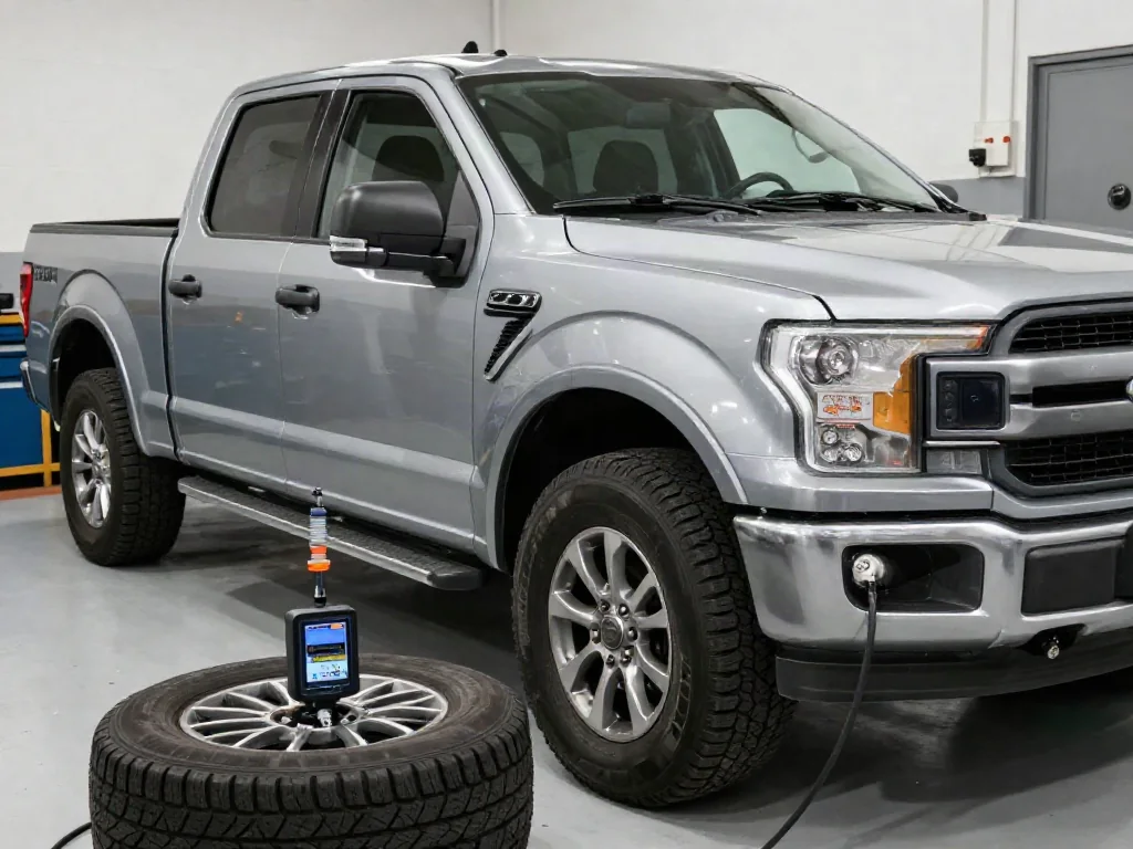TPMS activation tool held near a Ford truck tire valve with a replacement sensor nearby