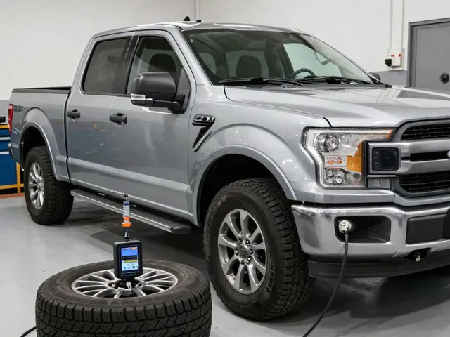 TPMS activation tool held near a Ford truck tire valve with a replacement sensor nearby