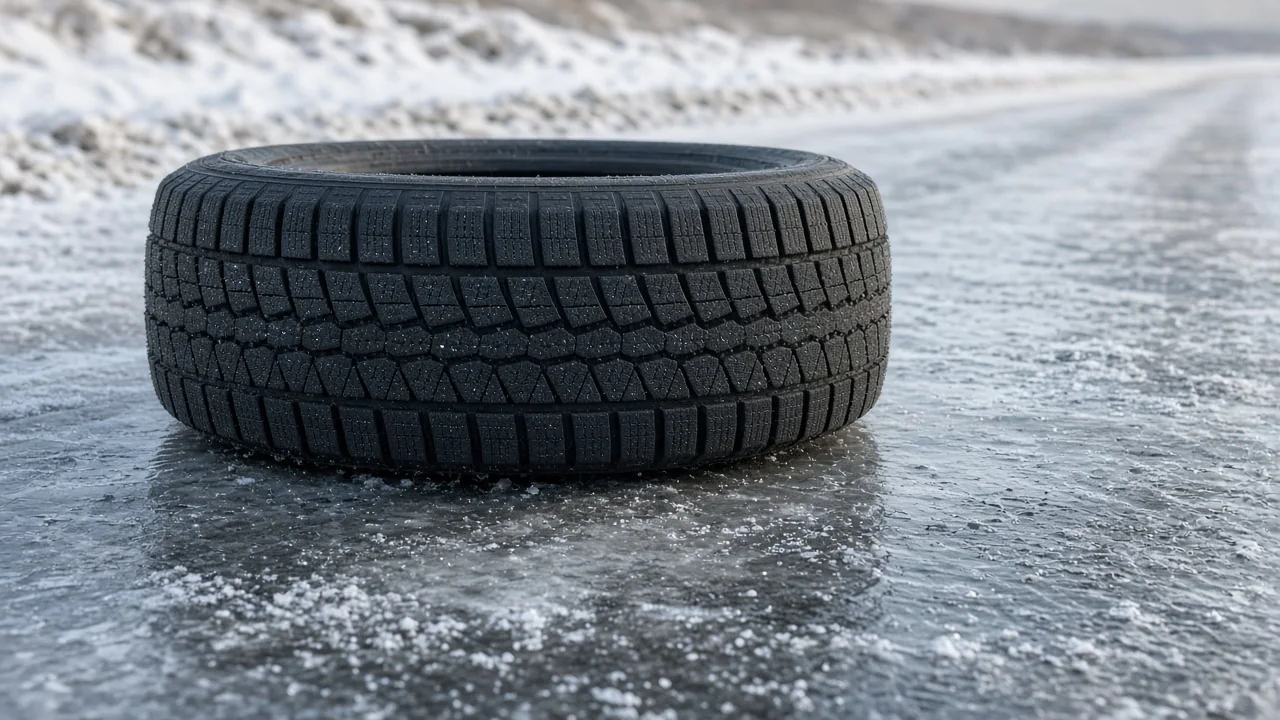 Close-up of winter tire tread on an icy road with thin ice and light snow along the shoulder