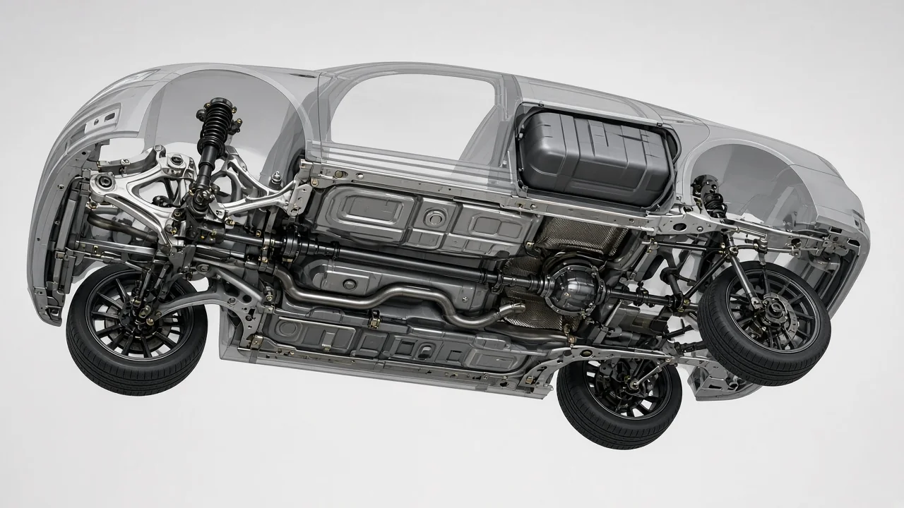Illustration of a full-size sedan's front control arm suspension and solid rear axle, seen from underneath