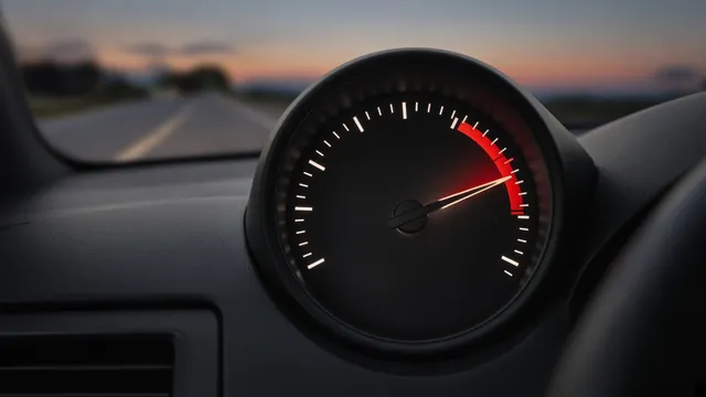 Car dashboard temperature gauge needle rising toward the hot zone while driving
