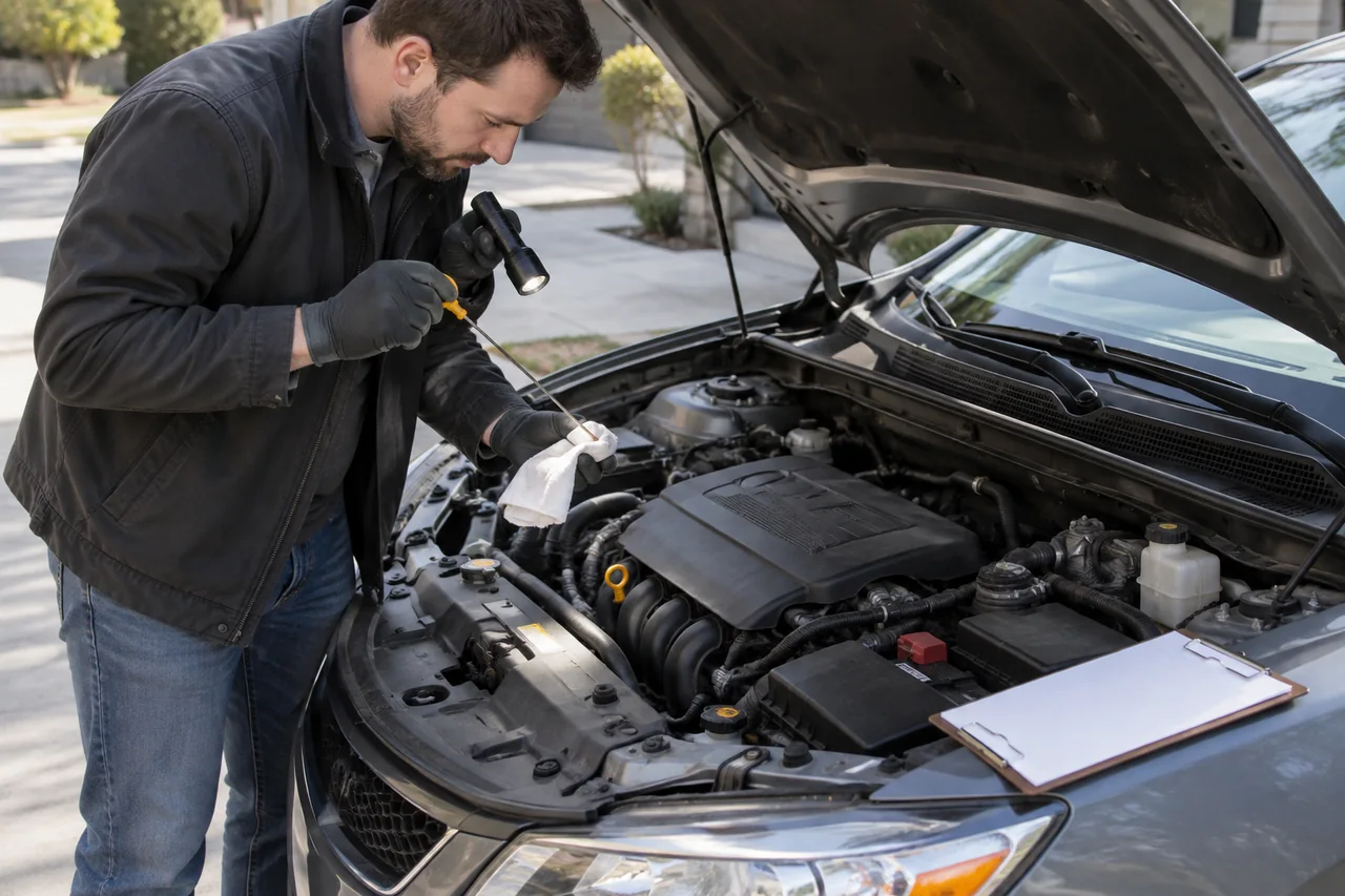 Buyer inspecting a used car's engine bay with a flashlight and checking the oil dipstick before purchase