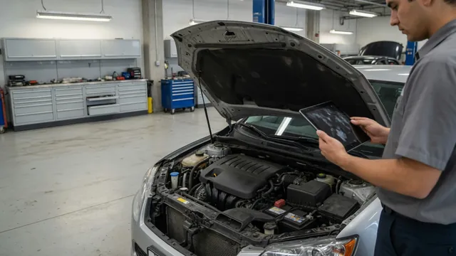 Technician checking diagnostic information for a P0013 code beside an open engine bay