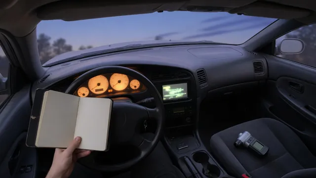 Car dashboard with fuel gauge and trip computer beside a fuel log notebook and a tire pressure gauge