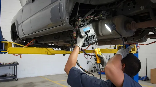 Technician inspecting a fuel pump control module connector on a raised truck in a service bay