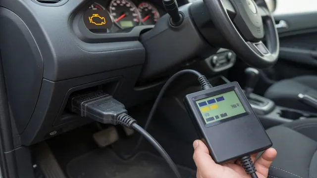 OBD-II scanner plugged into a car's diagnostic port showing a trouble code, with the check engine light on in the background