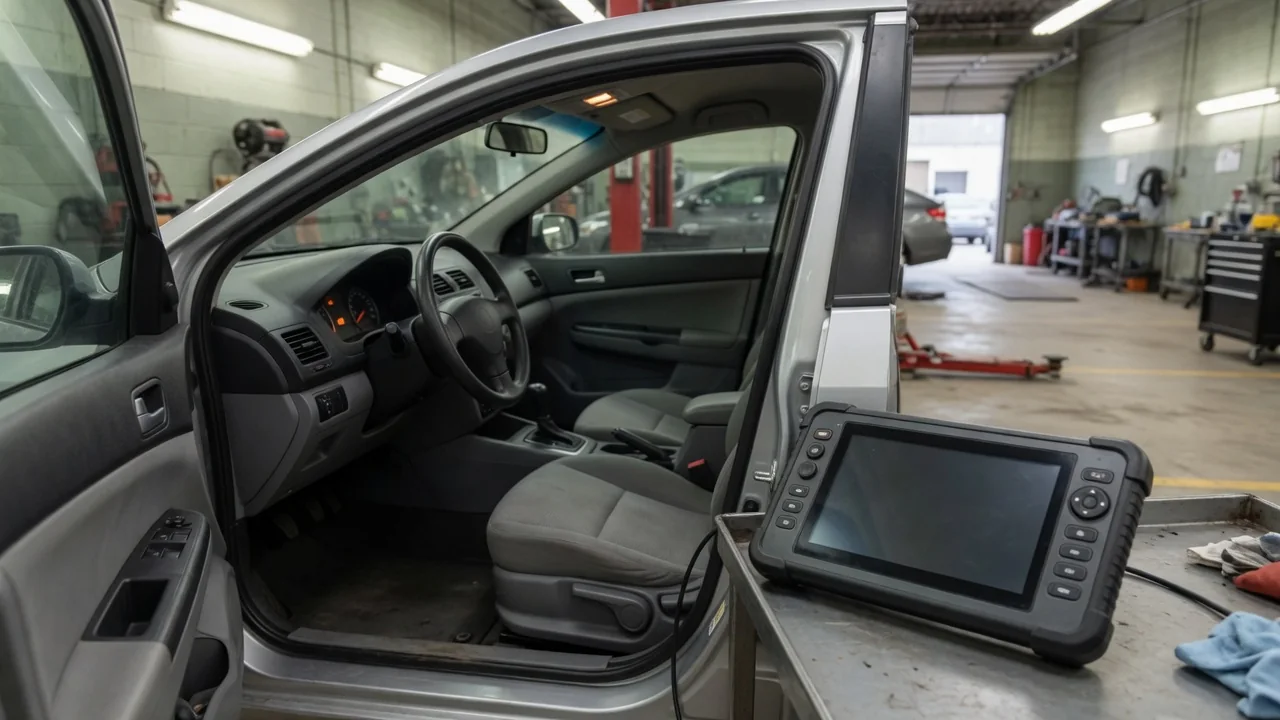 Diagnostic scan tool beside a vehicle dashboard displaying a chassis system warning light