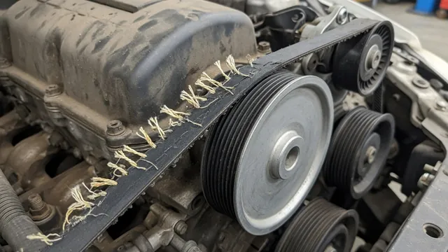 Frayed serpentine belt edge with exposed cords beside an accessory pulley on a stationary engine