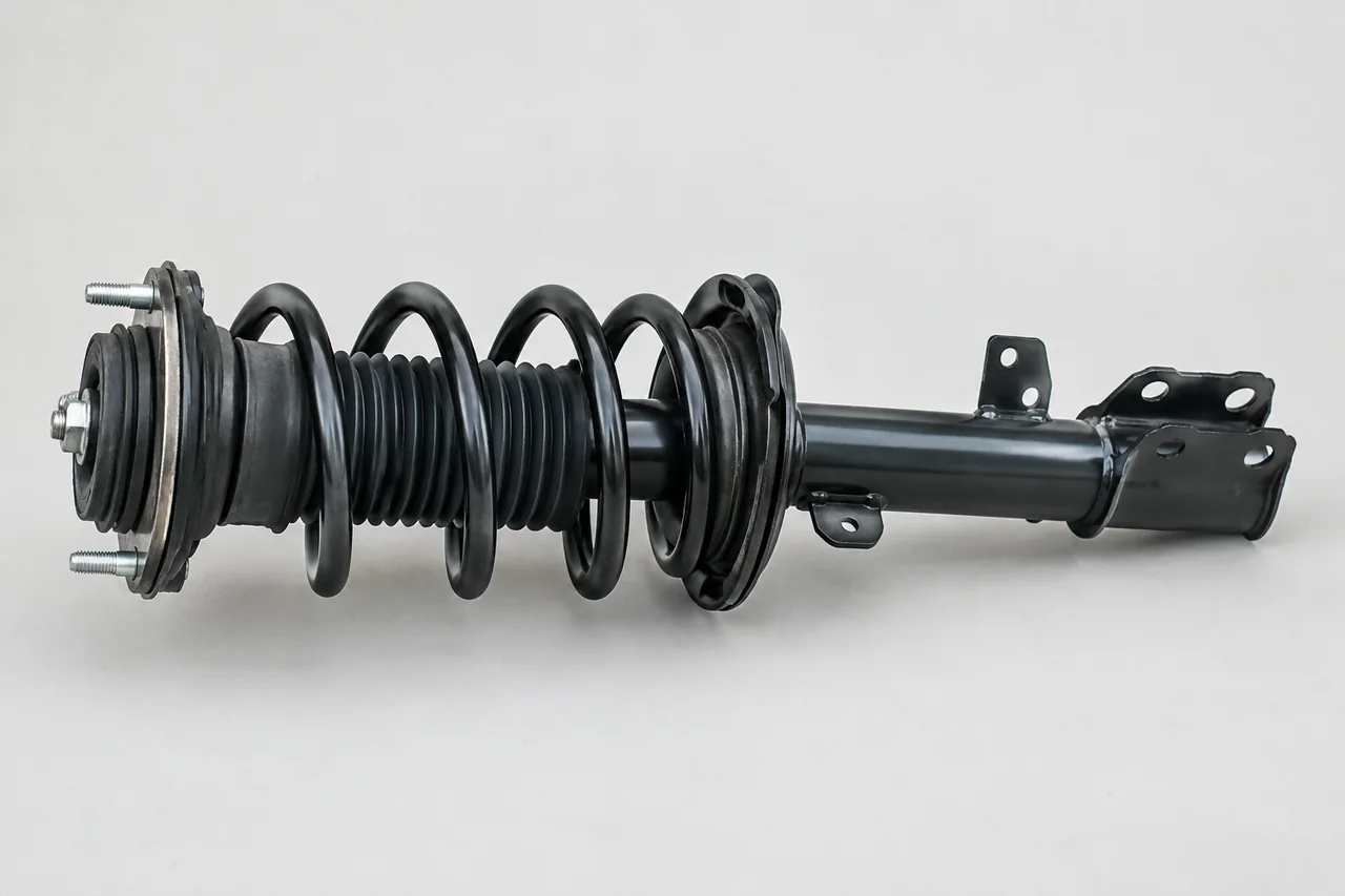 Intact automotive strut assembly showing the coil spring, upper mount, and strut body