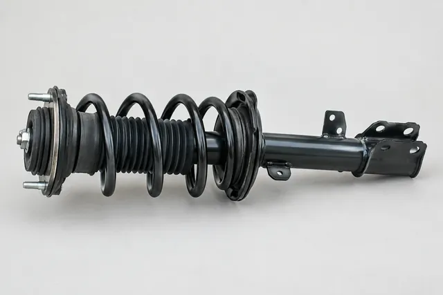 Intact automotive strut assembly showing the coil spring, upper mount, and strut body