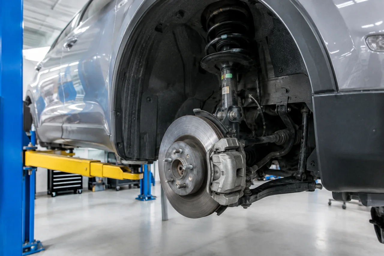 Front strut, coil spring and control arm of a car raised on a lift in a repair shop