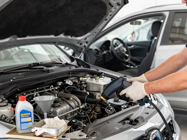 Person using a hand fluid extractor to remove old power steering fluid from a car reservoir in a home garage