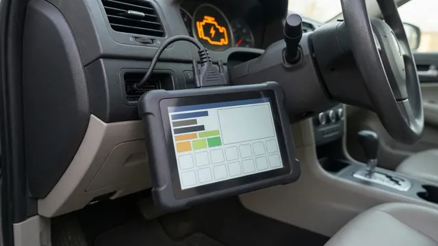 OBD-II scan tool plugged into a car's diagnostic port, with the check engine light on in the background