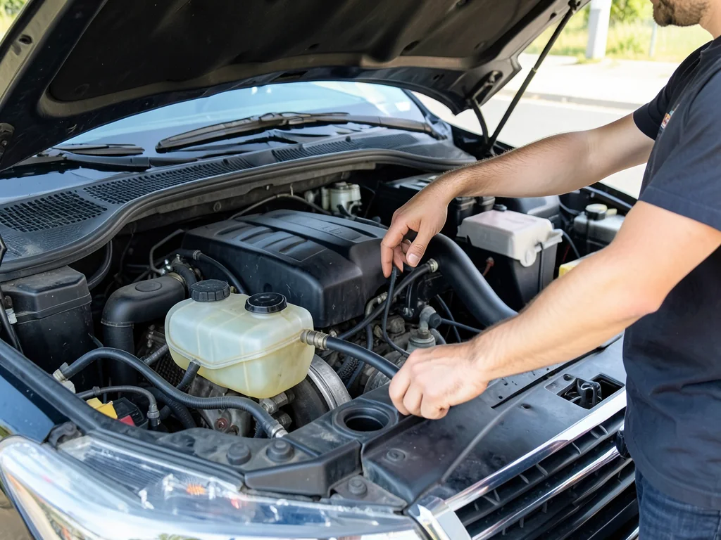 Driver checking the coolant reservoir from outside the engine bay of a parked, fully cooled car.