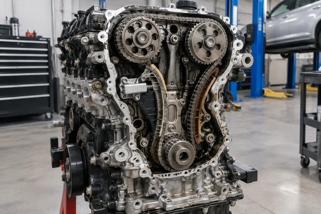 Timing chain wrapped around sprockets inside an exposed automotive engine