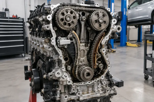 Timing chain wrapped around sprockets inside an exposed automotive engine