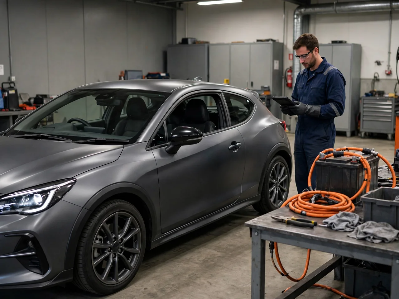 Technician in insulated gloves using a diagnostic tablet beside a compact hybrid coupe, with a high-voltage battery pack on a workbench