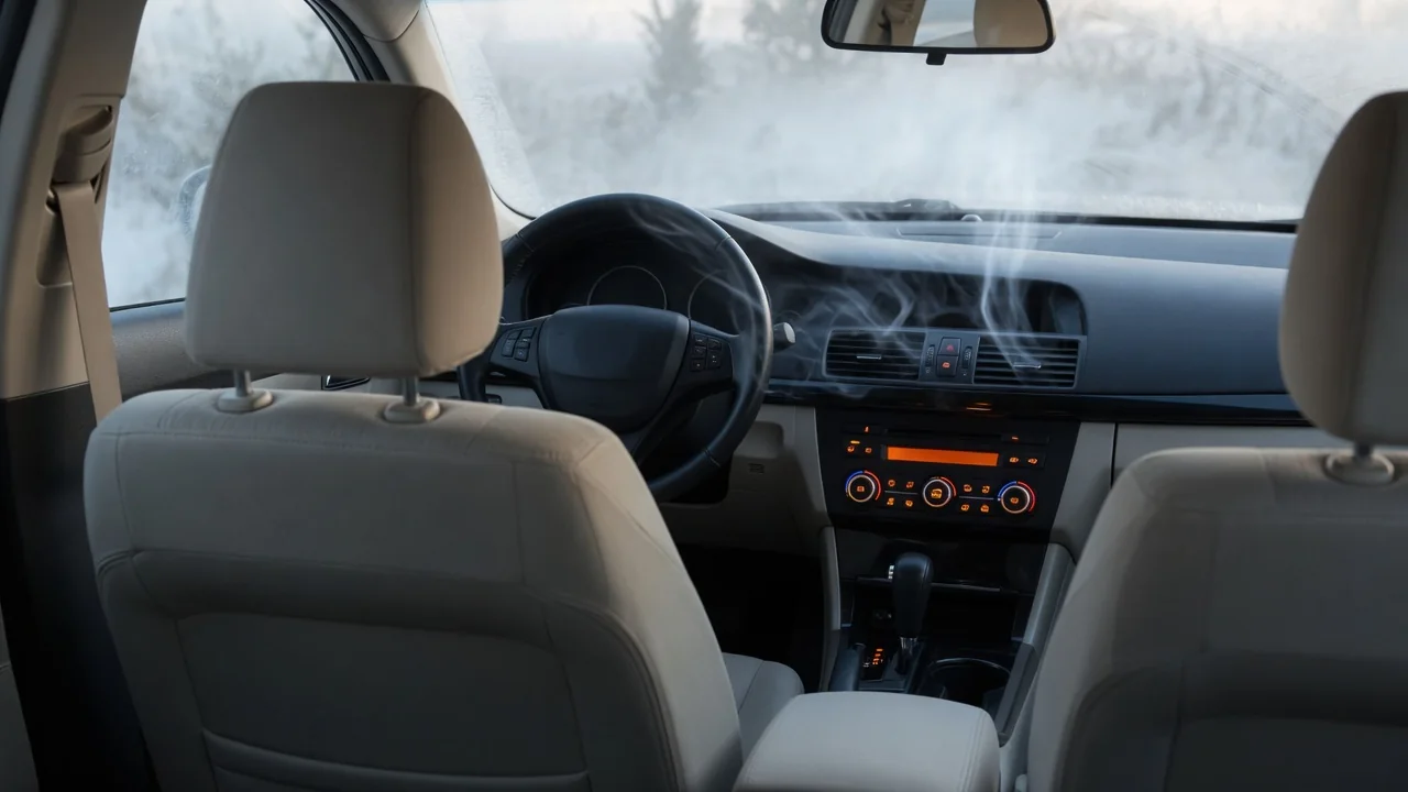 Car dashboard with the heater set to warm and cool airflow illustrated at the vents