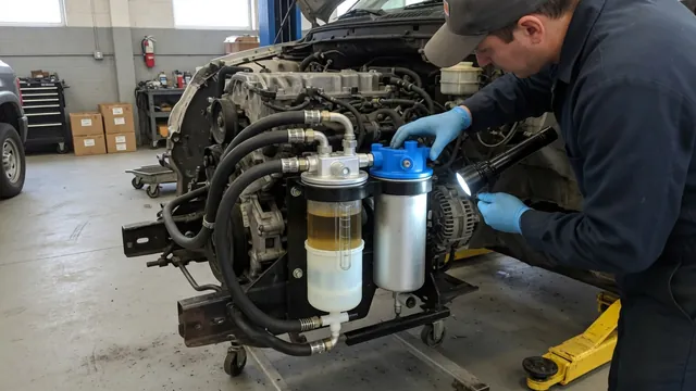 Diesel fuel filter and water separator assembly inspected in a repair shop