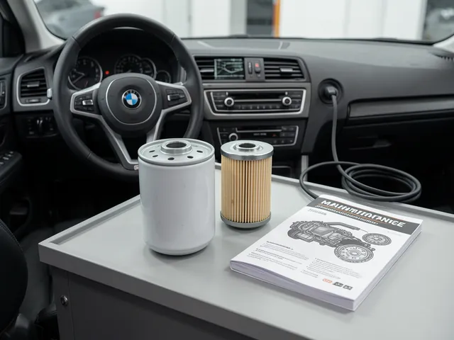 Illustration of a spin-on oil filter and cartridge element beside a vehicle maintenance booklet