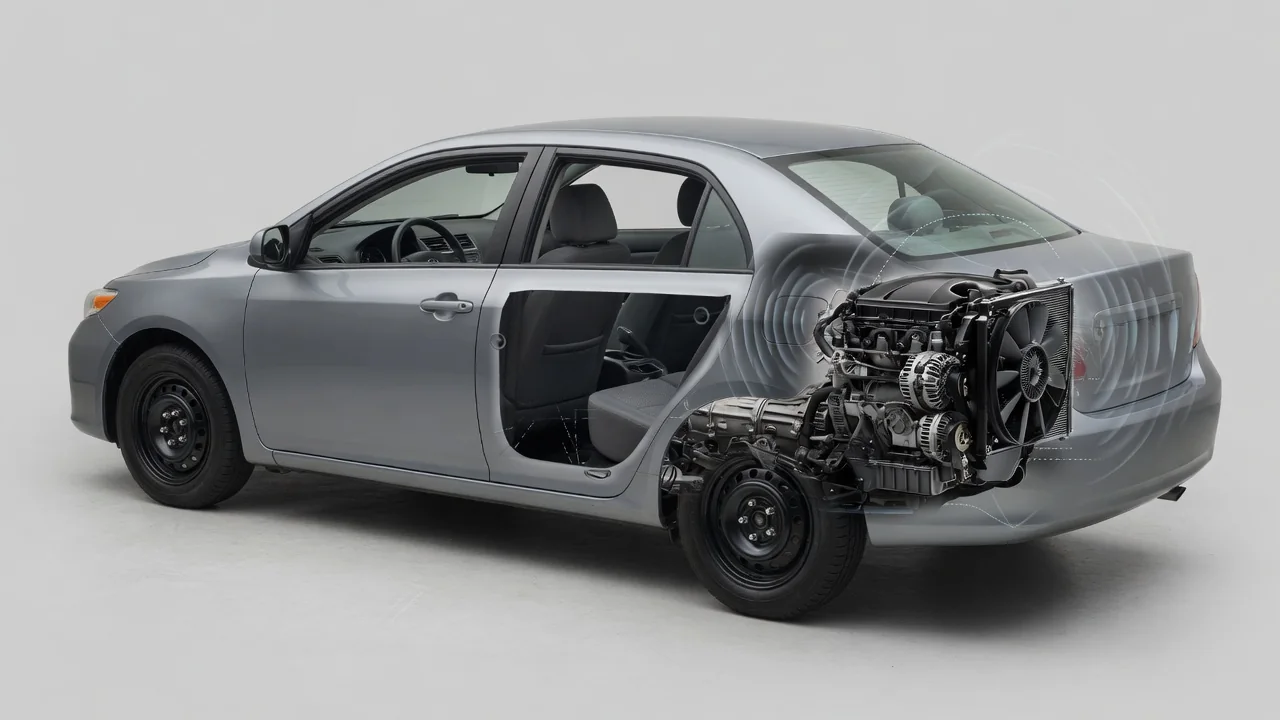 A parked car with subtle highlights around a wheel hub, engine accessory area, and cooling fan