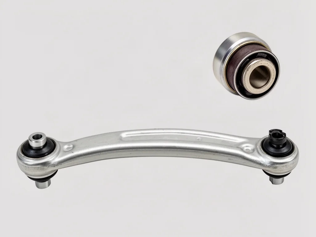 Labeled illustration of a suspension control arm showing its bushings and mounting points