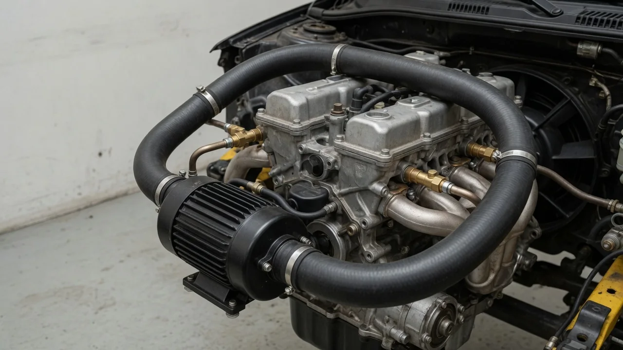 Illustration of a secondary air injection pump, air hoses, and valves feeding two engine banks