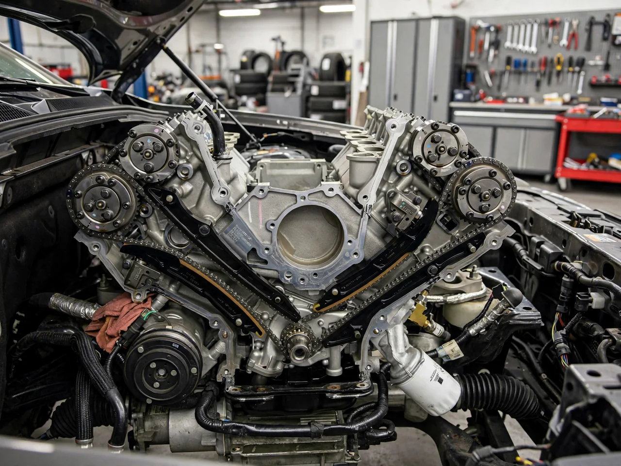 Illustration of a Ford Coyote 5.0 engine with its timing chains, guides, and camshaft sprockets visible