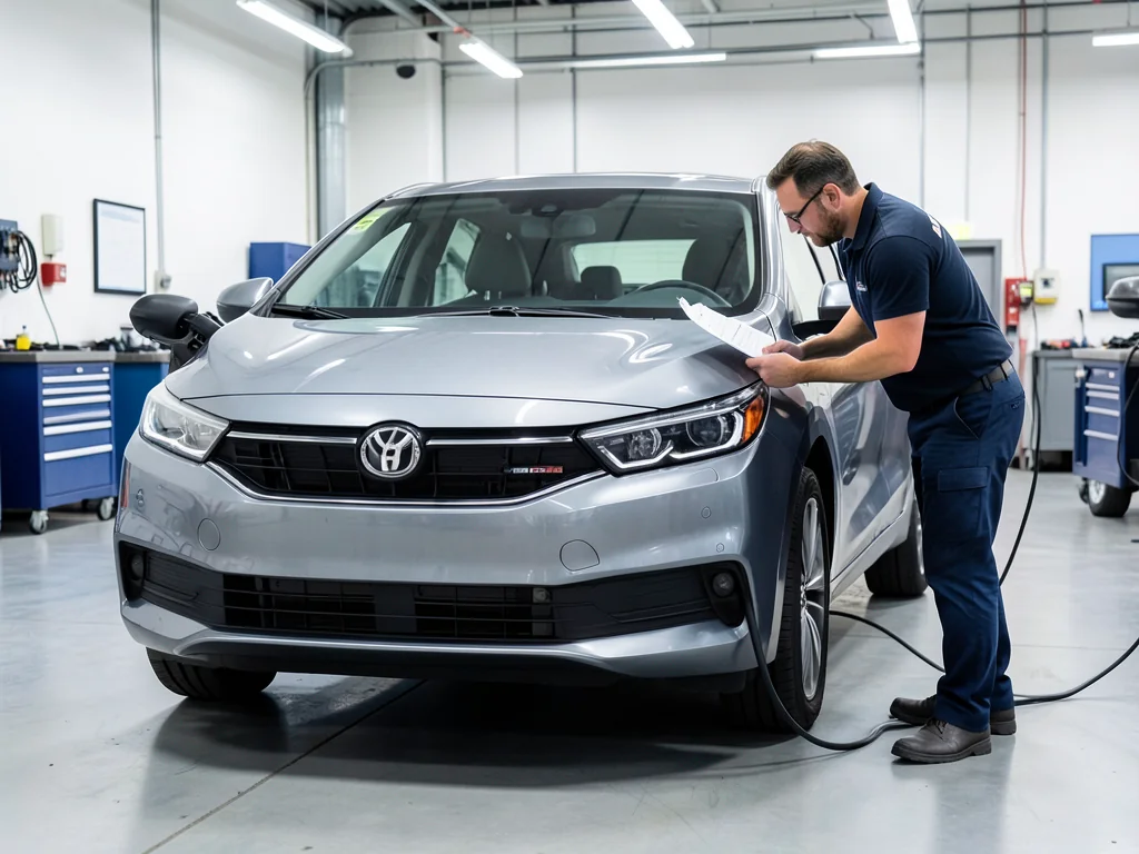 Hybrid car in a service bay with a technician reviewing a maintenance checklist