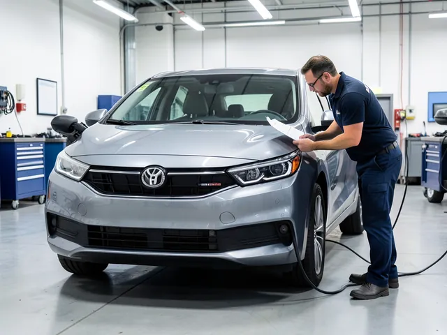 Hybrid car in a service bay with a technician reviewing a maintenance checklist