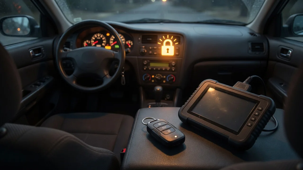 Dashboard security indicator and vehicle key beside a diagnostic scanner in a parked car