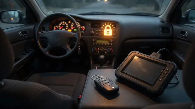 Dashboard security indicator and vehicle key beside a diagnostic scanner in a parked car