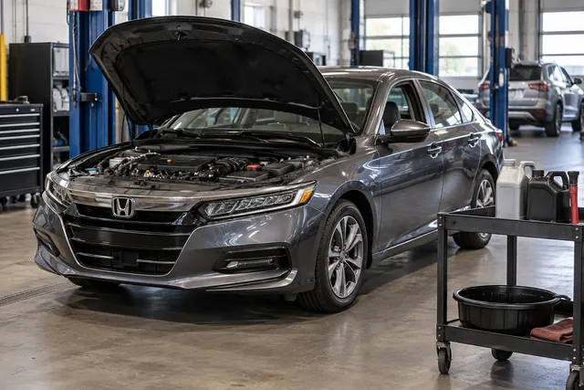 Honda Accord parked in a clean service bay with transmission fluid service supplies on a nearby cart
