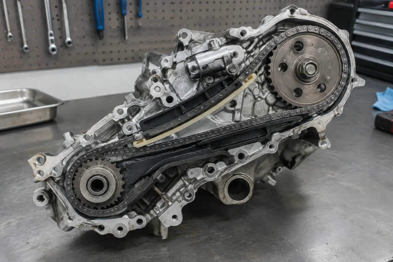 Toyota engine timing chain assembly with chain guides, sprockets, and tensioner visible