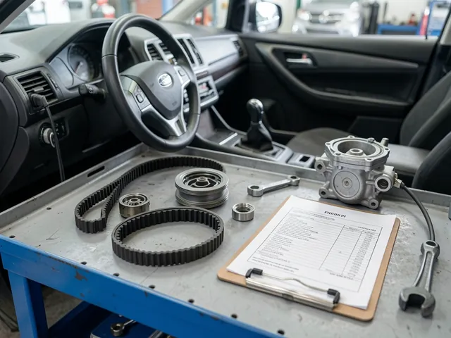 New timing belt, tensioner, idler pulleys, and water pump laid out on a workbench next to a repair estimate clipboard