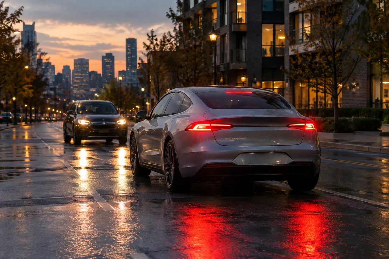 Electric sedan with glowing red brake lights slowing on a city street at dusk while another car follows
