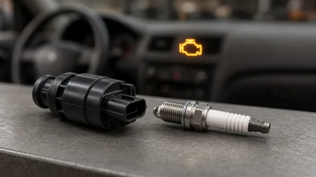 Spark plug beside an ignition coil with an illuminated check engine symbol in the background