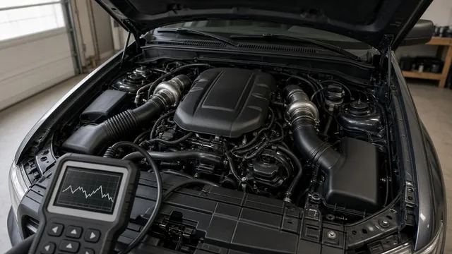 Pickup truck engine bay with a handheld OBD-II scan tool showing live data while checking a rough idle