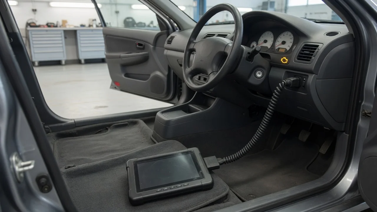 Diagnostic scanner connected beneath a vehicle dashboard with a check engine light illuminated