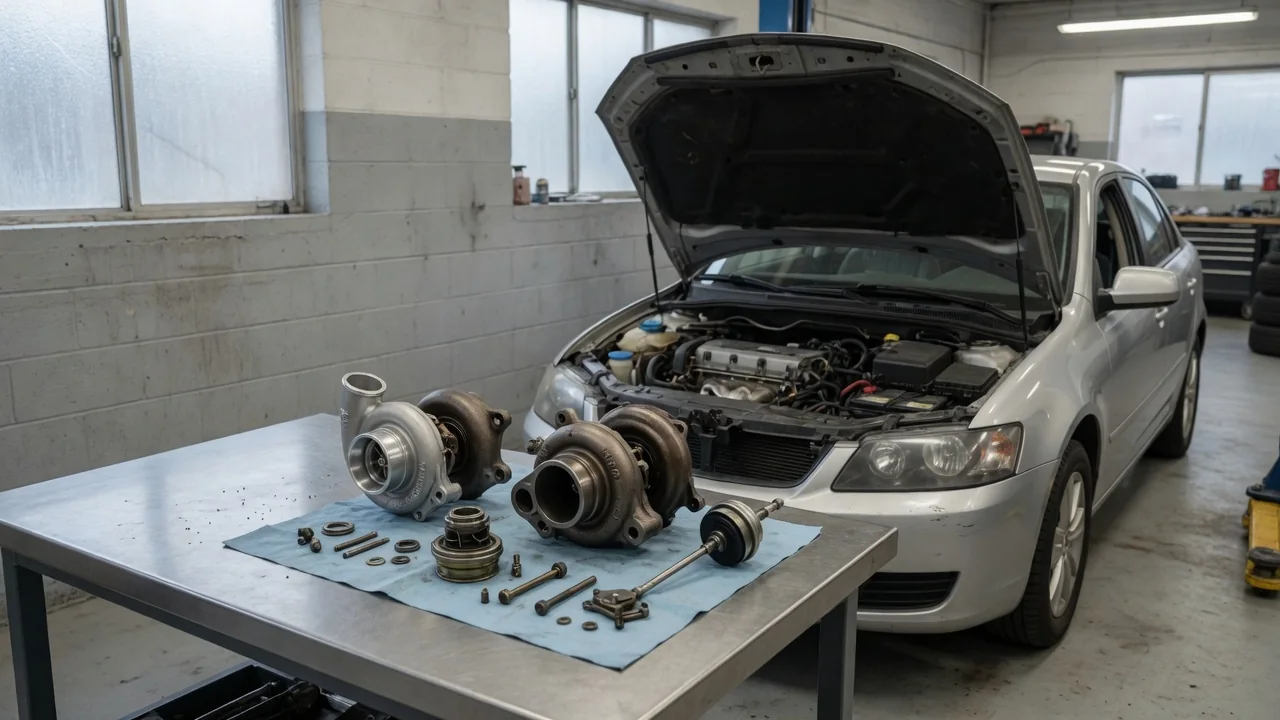 Mini Cooper S turbocharger assembly on a clean workbench beside an open engine bay