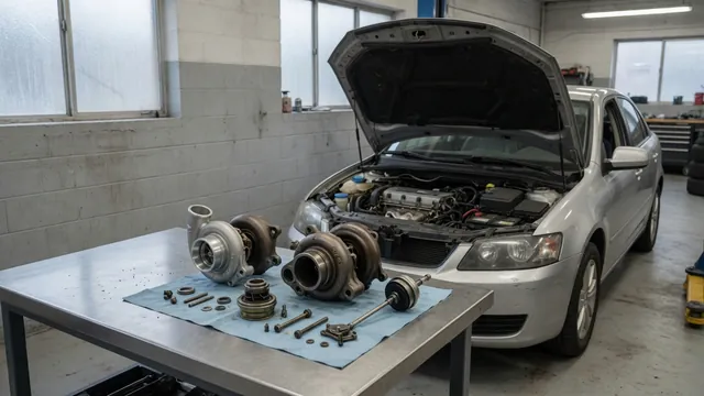 Mini Cooper S turbocharger assembly on a clean workbench beside an open engine bay