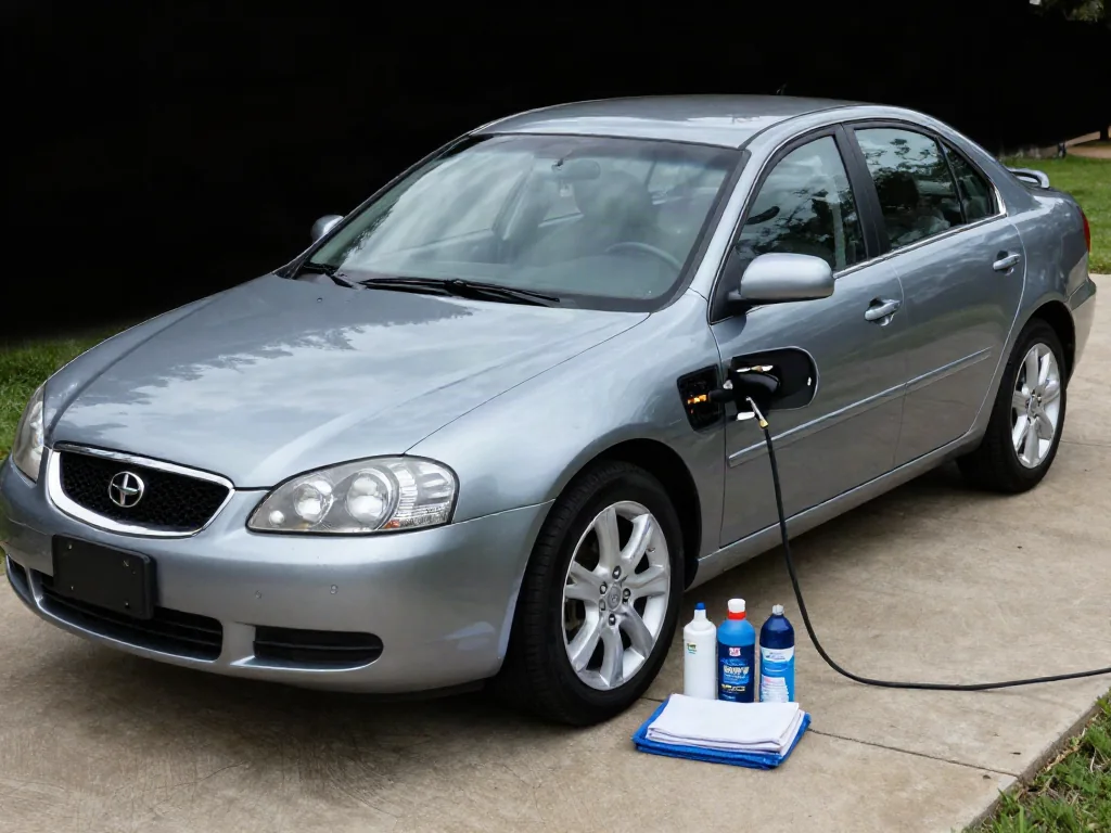 Clean car exterior with glossy paint, clear glass, dressed tires, and detailing supplies nearby