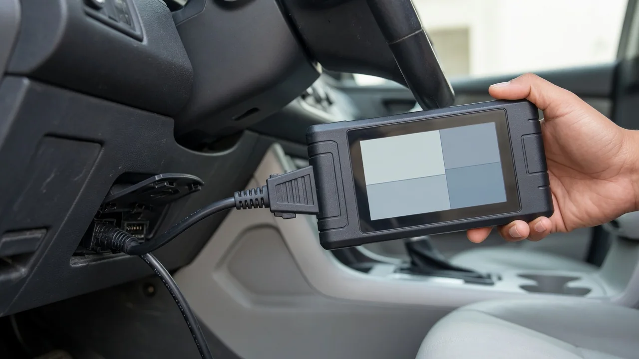 OBD-II scan tool plugged into a car's diagnostic port, reading stored trouble codes