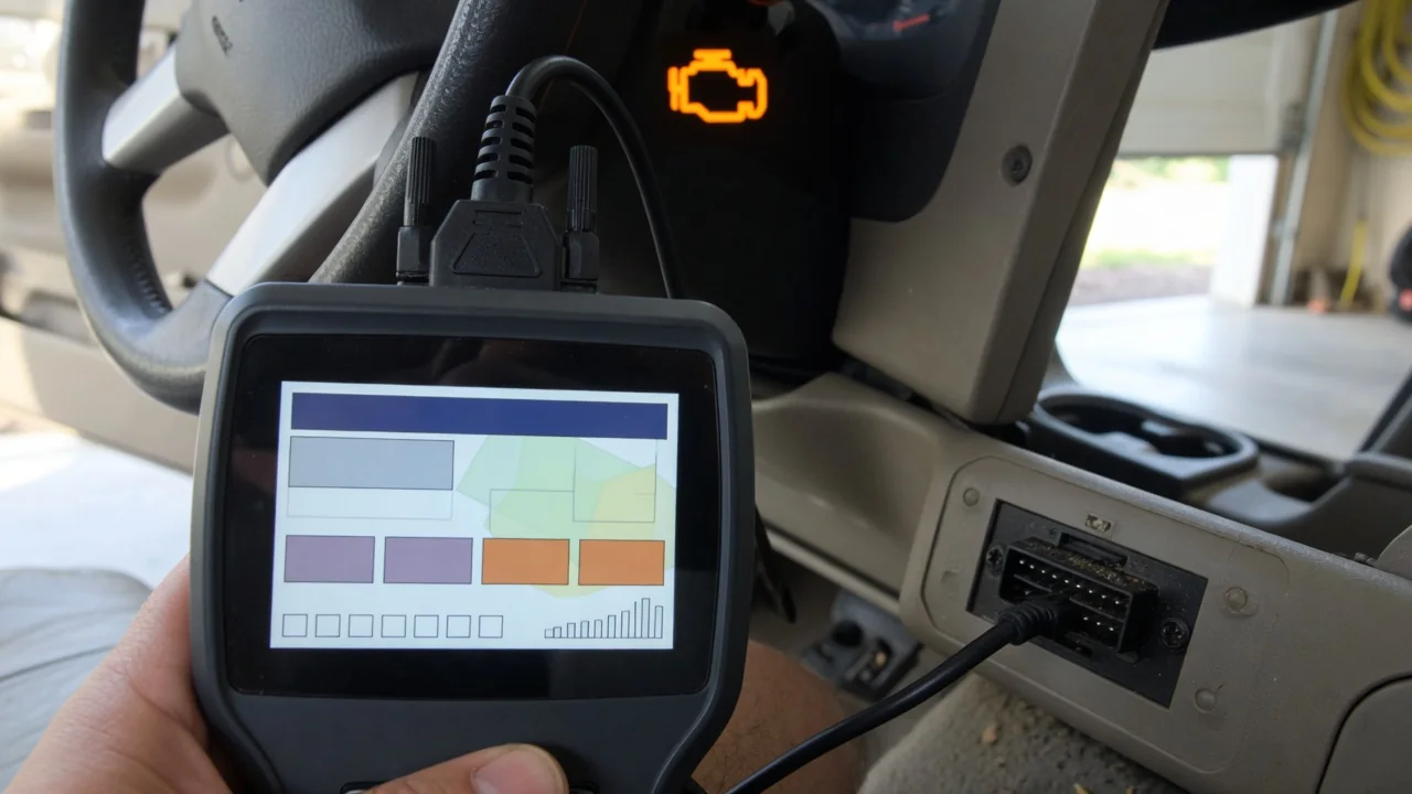 OBD-II scan tool plugged into a car's diagnostic port, with the check engine light on in the background