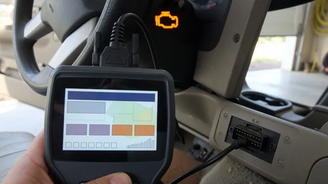 OBD-II scan tool plugged into a car's diagnostic port, with the check engine light on in the background