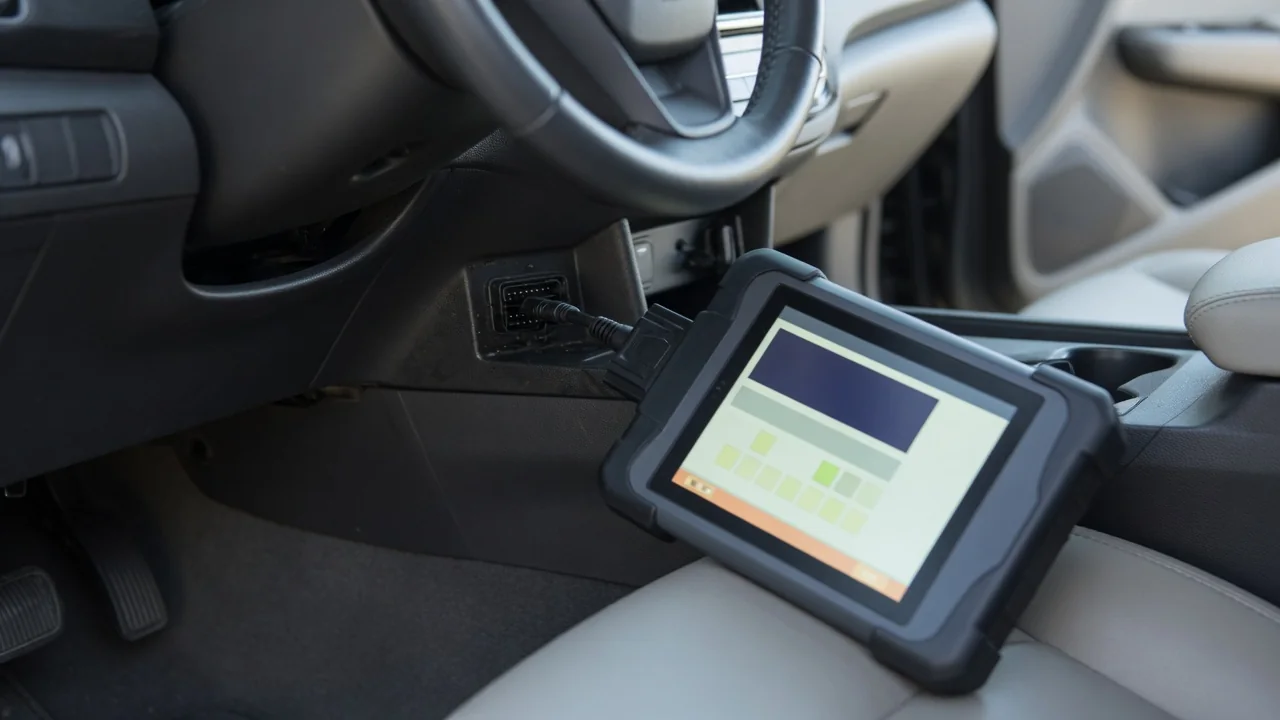 OBD-II scan tool connected under a car dashboard, showing a stored diagnostic trouble code