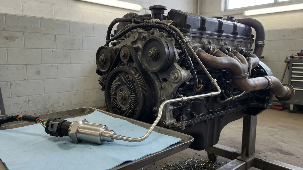 Exhaust pressure sensor and wiring illustrated beside a diesel engine