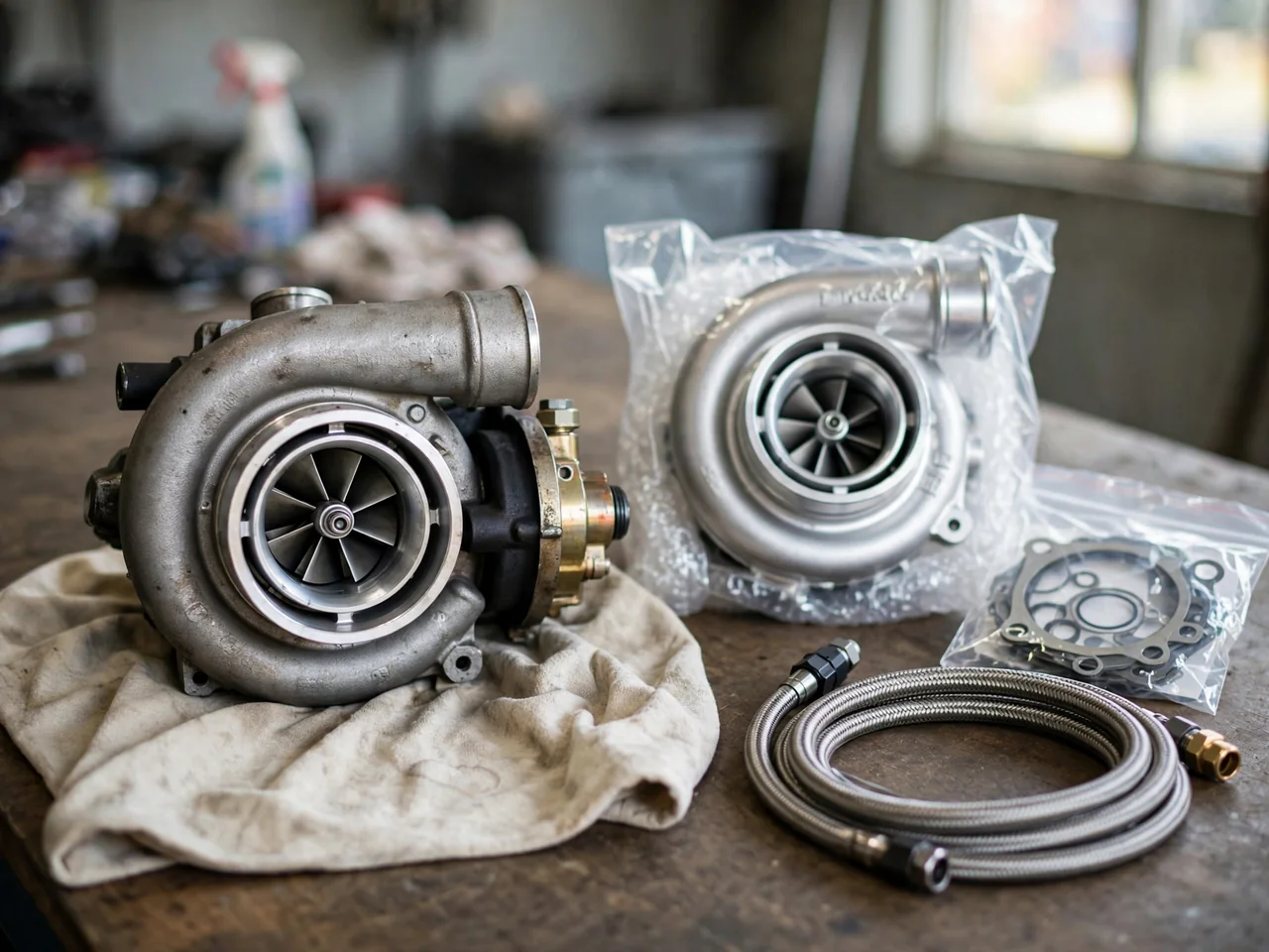 Used turbocharger beside a new replacement unit and gasket kit on a workshop bench