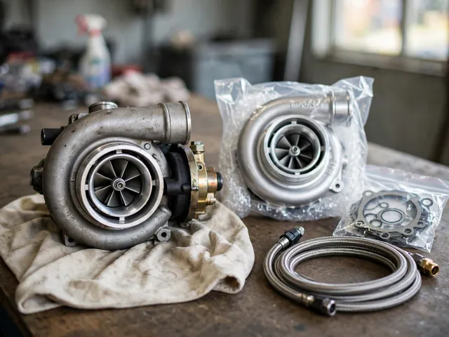 Used turbocharger beside a new replacement unit and gasket kit on a workshop bench