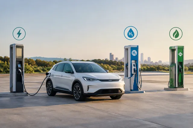 Electric car charging, a hydrogen dispenser and a CNG dispenser illustrating different vehicle energy sources